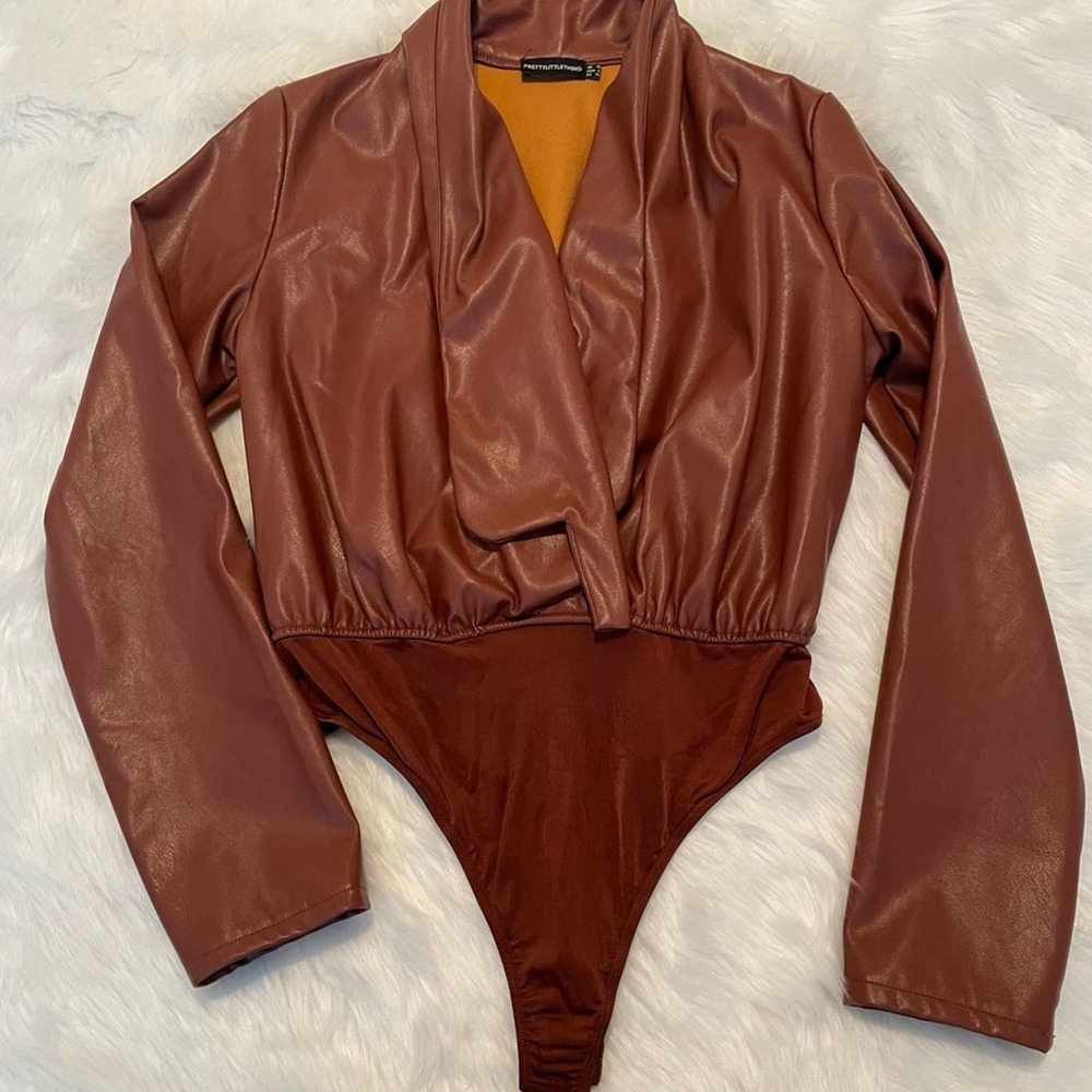 PrettyLittleThing Faux Leather Bodysuit  Long Sleeve size 6